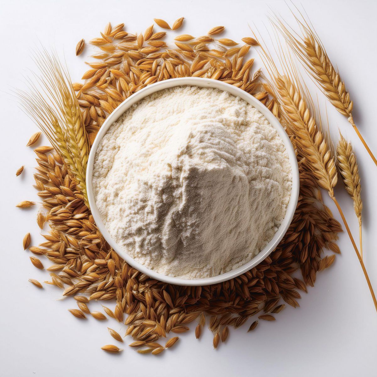 Eine Schüssel Mehl, darum liegen Ähren und Körner.