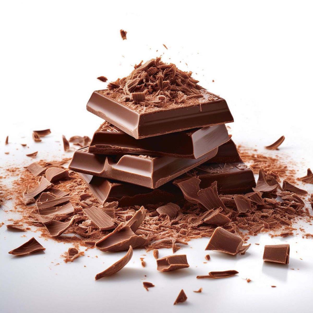 Einige Stück Schokolade liegen übereinandergestapelt auf Schokolade-Raspeln.