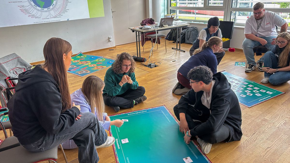 Junge Menschen sitzen in Gruppen um Plakate am Boden und verorten darauf Maßnahmen nach Wirksamkeit und Schwierigkeit.