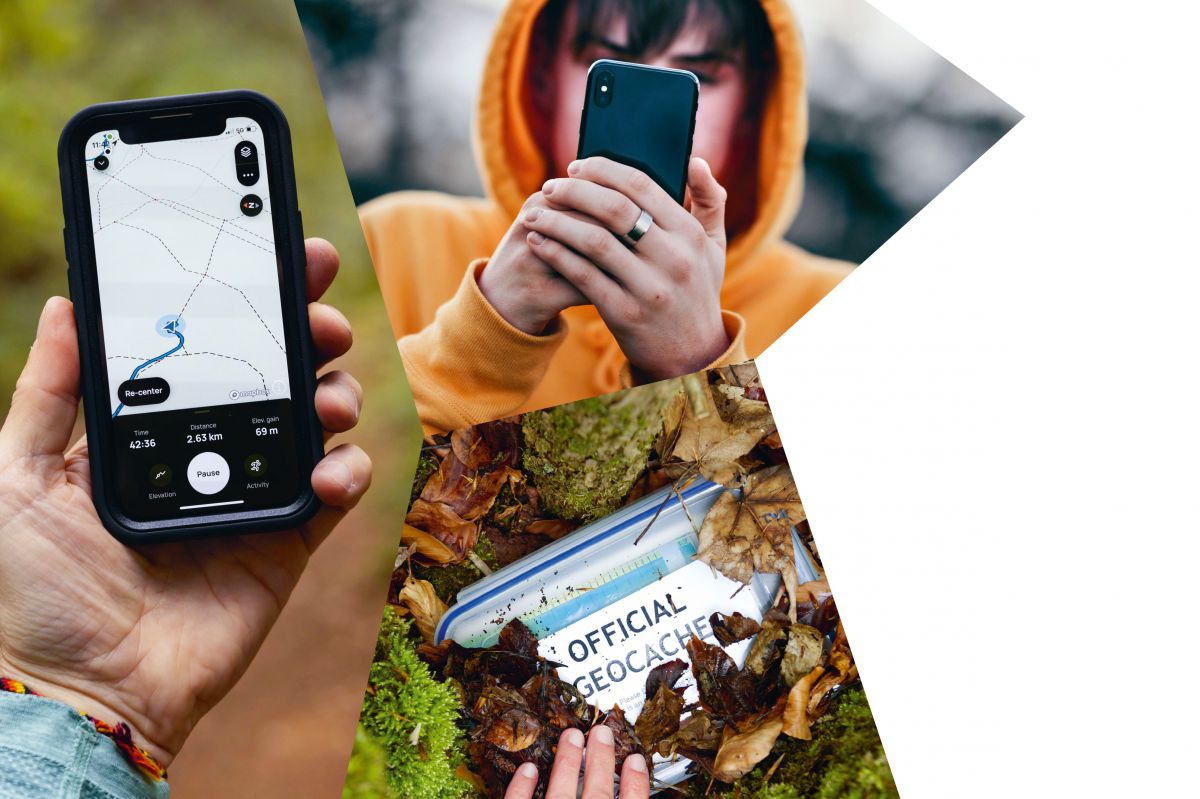 Collage aus drei Bildern: Eine Hand hält ein Smartphone, auf dem eine Navigationsapp geöffnet ist, ein Jugenlicher in orangem Hoodie hält sich ein Smartphone vor das Gesicht und eine Tupperdose unter Blättern.