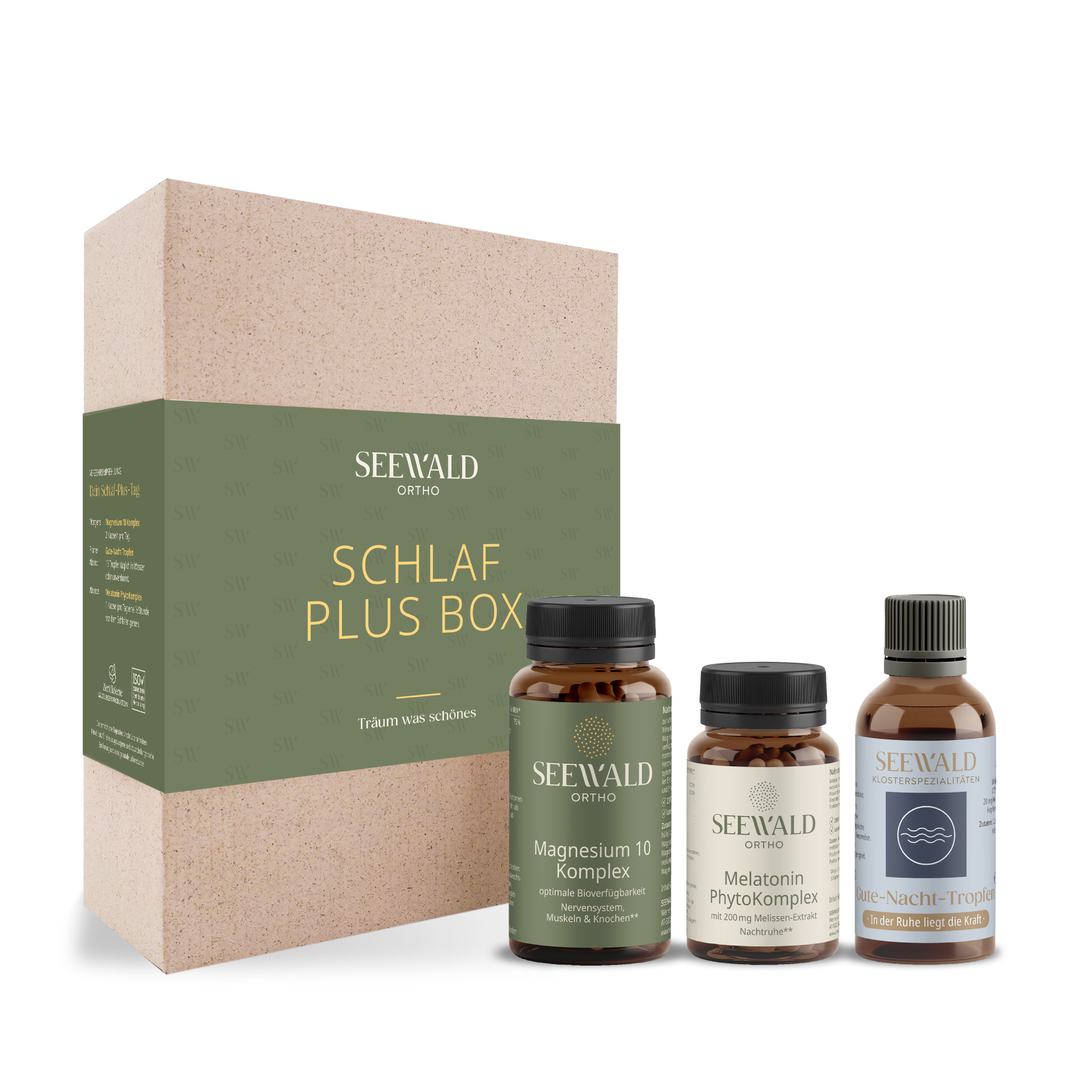 Die Schlaf Plus Box hat eine dunkelgrüne Banderole, davor stehen drei Fläschchen mit den Komplex-Kapseln sowie den Tropfen.