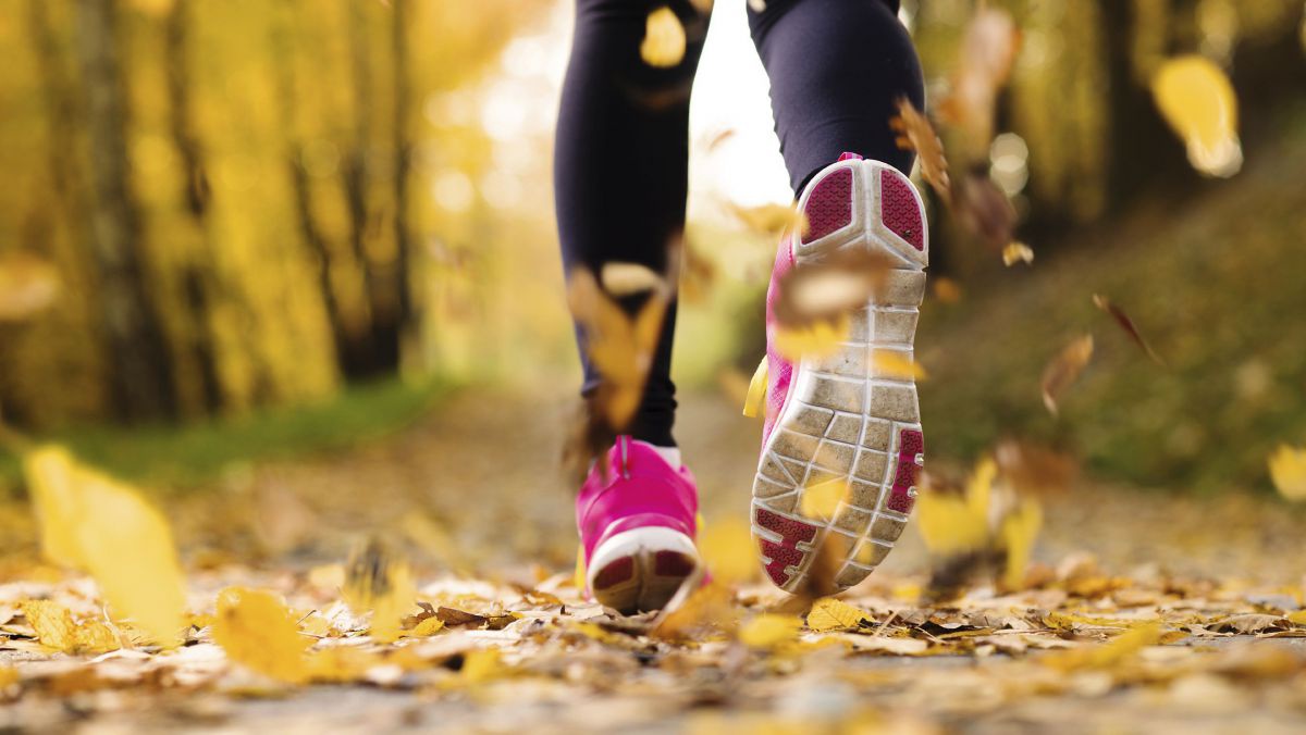 Eine Nahaufnahme von Beinen und Laufschuhen auf einem Weg im Wald. Die Person wirbelt Blätter auf.