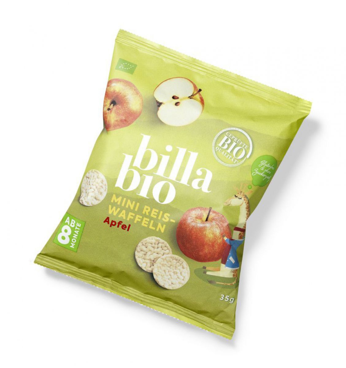 Die Packung der billa bio Mini Reiswaffeln Apfel ist grün mit Äpfeln, Reiswaffeln und einer gezeichneten Giraffe gestaltet.