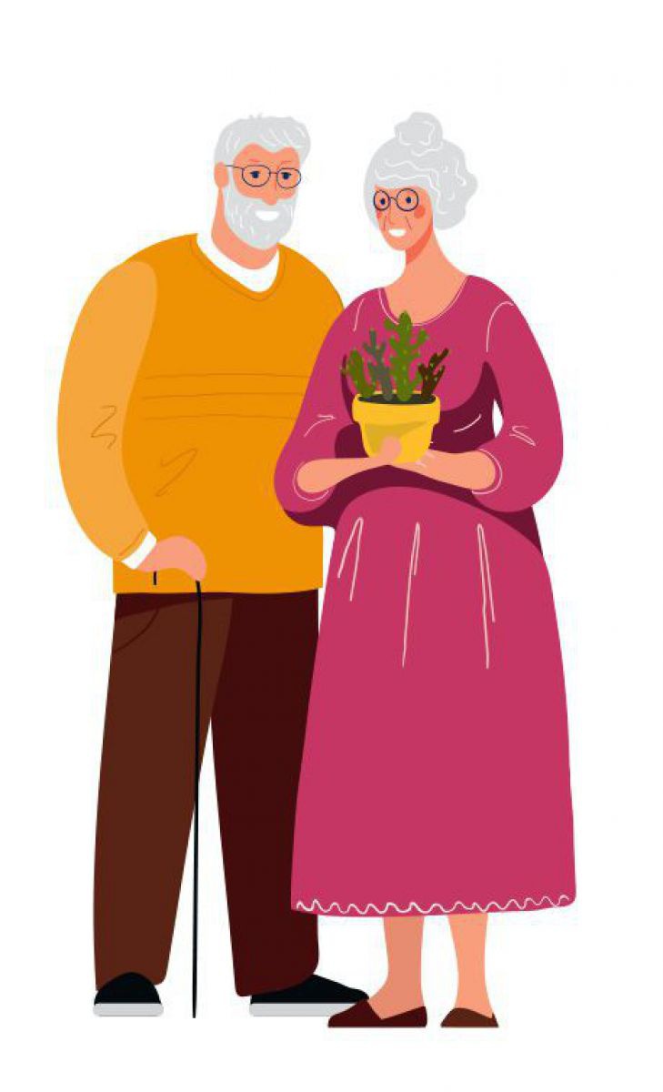 Eine Illustration zweier älterer Menschen mit weißen Haaren. Sie sehen fröhlich aus. Der Mann hält einen Gehstock, die Frau eine Topfpflanze.