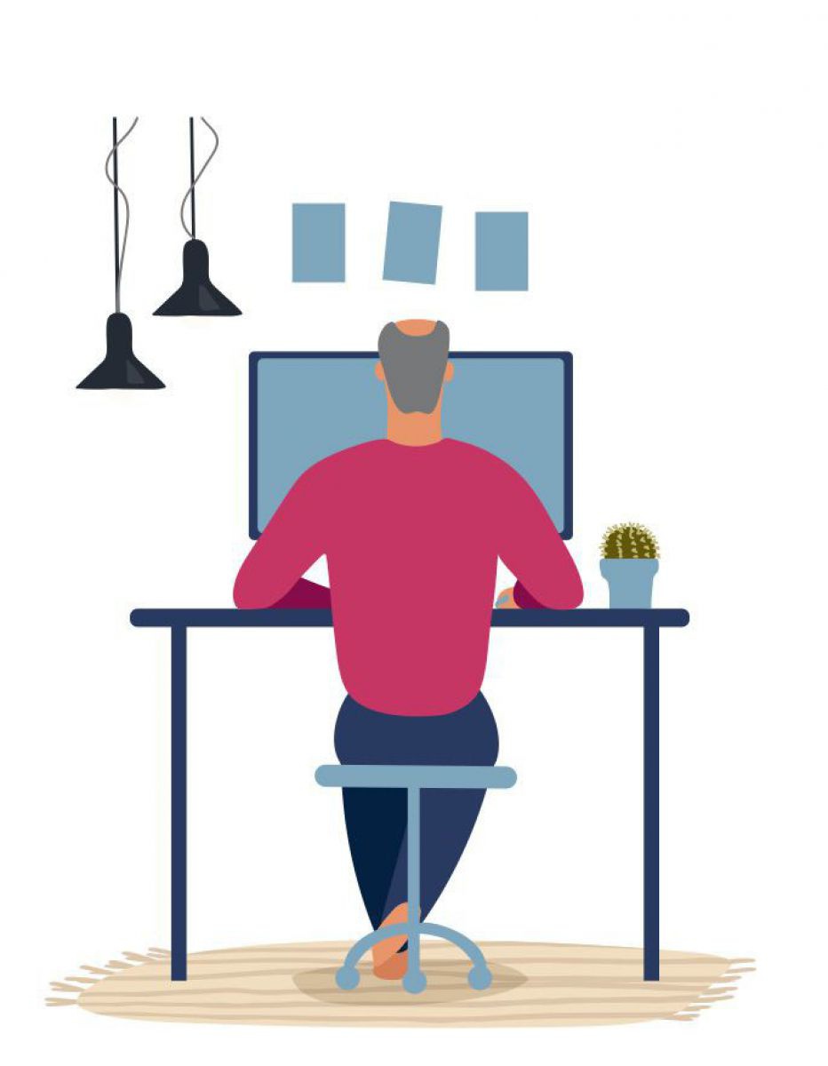 Eine Illustration eines Mannes, der vor seinem Computer sitzt. Er hat graues Haar und eine beginnende Glatze.