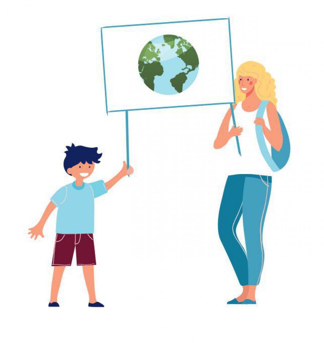 Eine Illustration eines kleinen Jungen und einer junger Frau, die ein Transparent mit einer Erdkugel hochhalten.
