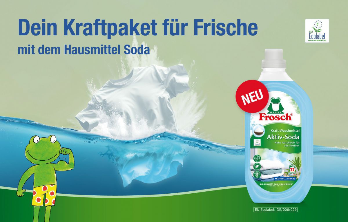 Dein Kraftpaket für Frische mit dem Hausmittel Soda. NEU: Das Frosch Aktiv Soda Waschmittel von Erdal.