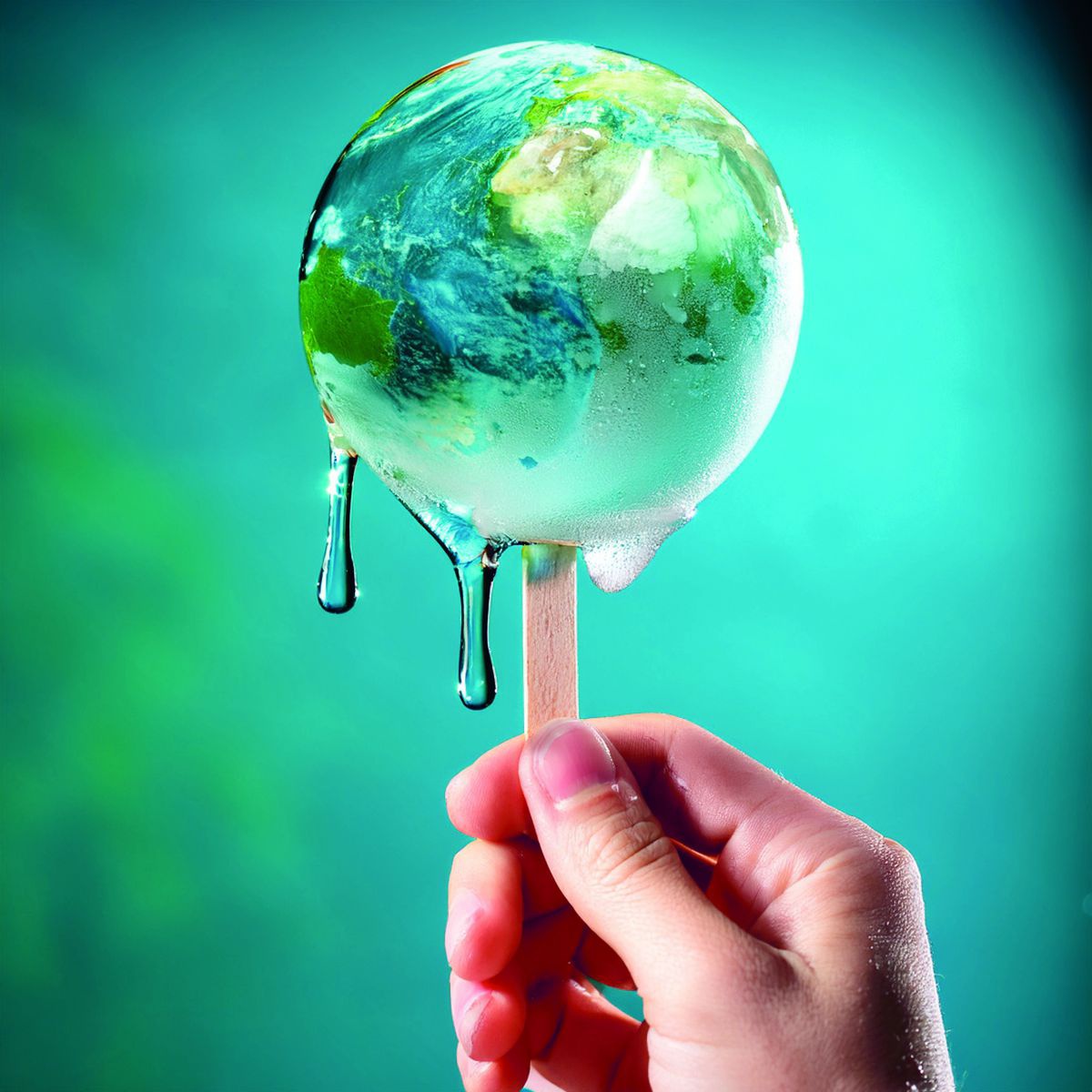 Ein Eis am Stiel in Form des Planeten Erde, das Eis schmilzt un tropft schon in der Hand der Person, die es hält.