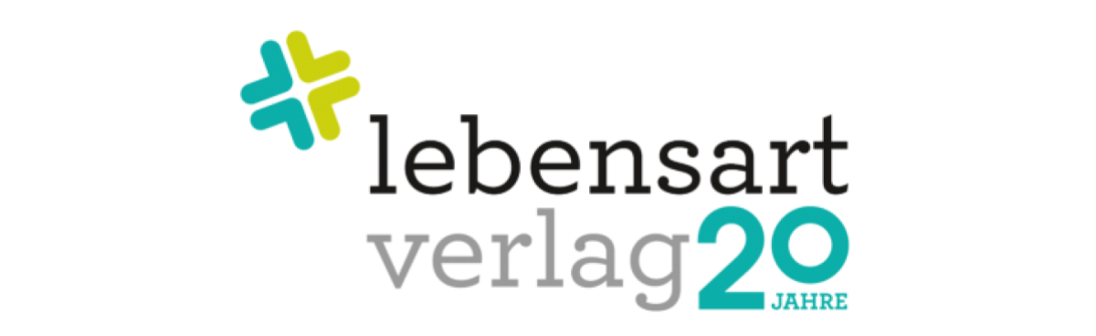 Jubiläumslogo in den Verlagsfarben türkisblau, wassergrün, schwarz ung grau. lebensart verlag 20 Jahre