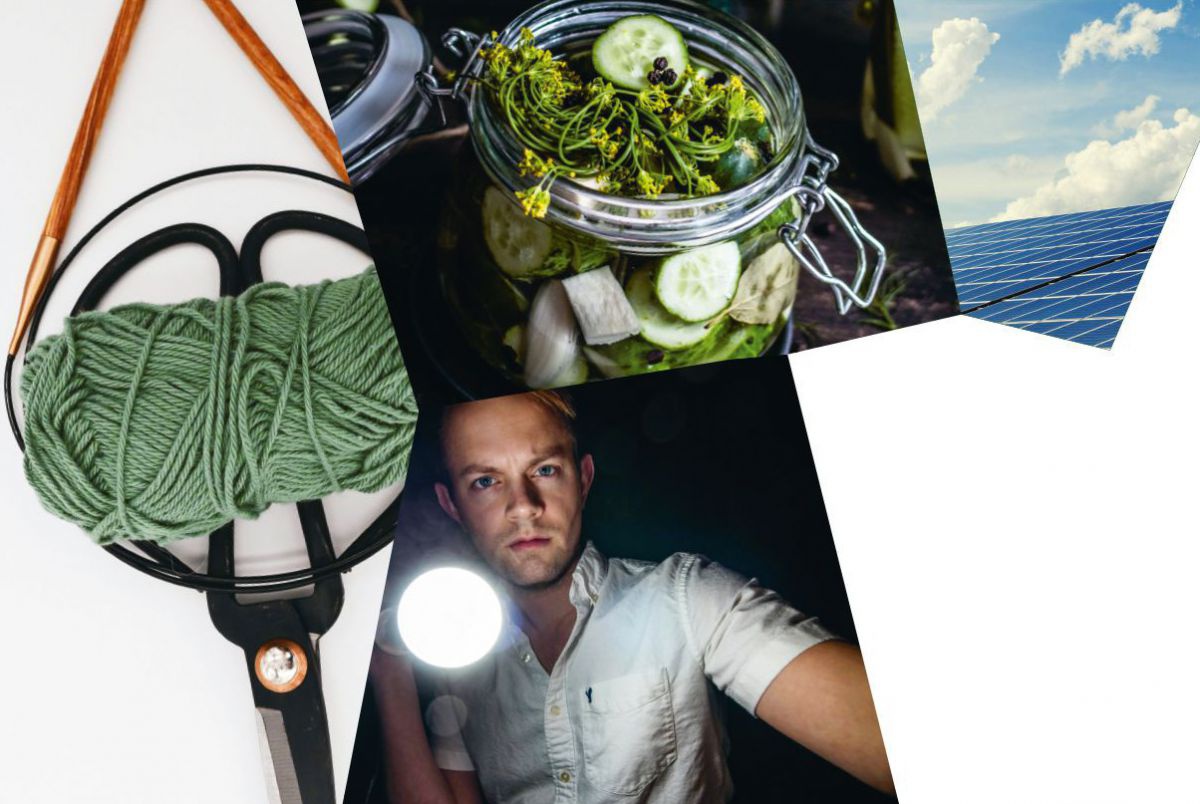 4 Bilder: Wolle, Schere und Stricknadeln; Eingelegtes Gemüse; ein Mann mit Taschenlampe vor schwarzem Hintergrund; Solarpaneele unter leicht bewölktem Himmel;