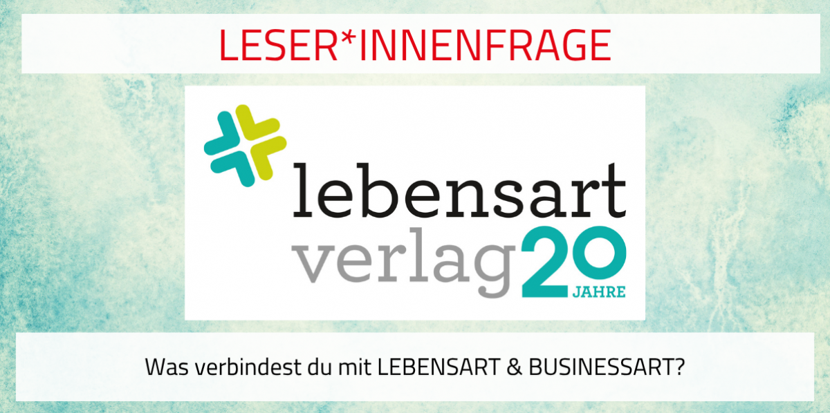 Ein türkis melierter Hintergrund, davon ein weißes Rechteck mit dem Lebensart Verlag Logo und dem Zusatz 