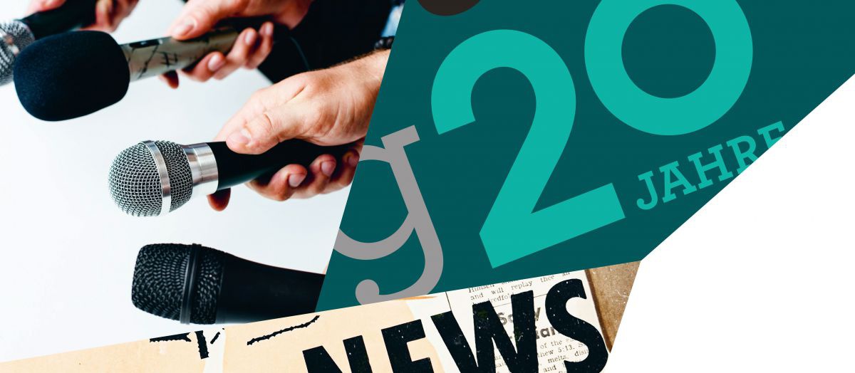 Fotocollage: 4 Hände halten verschiedene Mikrofone ins Bild, darunter ein Zeitungsausschnitt mit dem Titel 