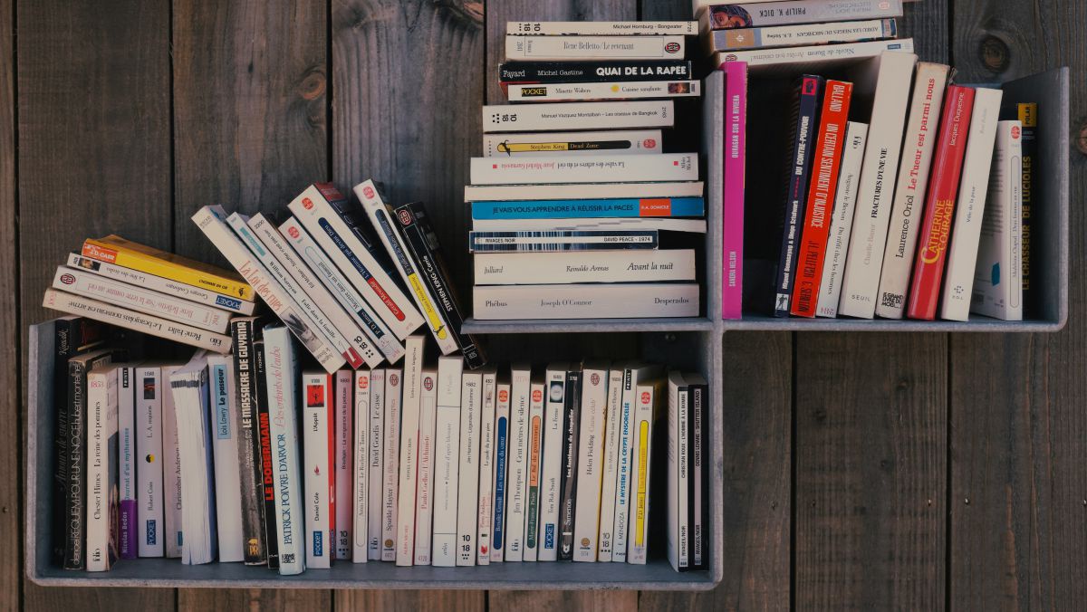 Bücherregal an einer Holzwand.