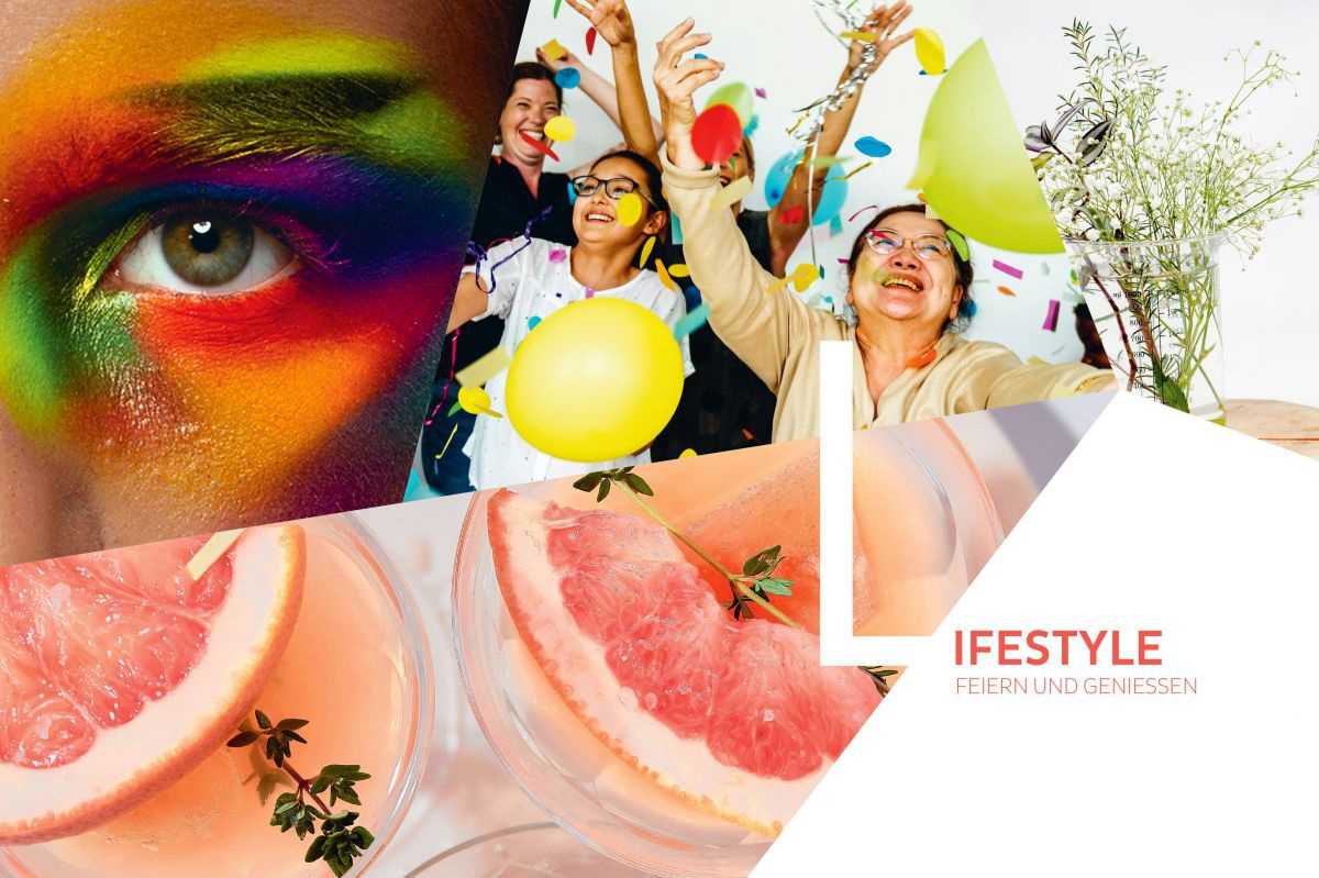 Collage aus drei Bildern: Ein kunstvoll bunt geschminktes Gesicht, ein paar Frauen lachen und tanzen zwischen Luftballons und Konfetti, pinkfarbene Partydrinks in Gläsern mit Kräutern und Grapefruitscheiben dekoriert.