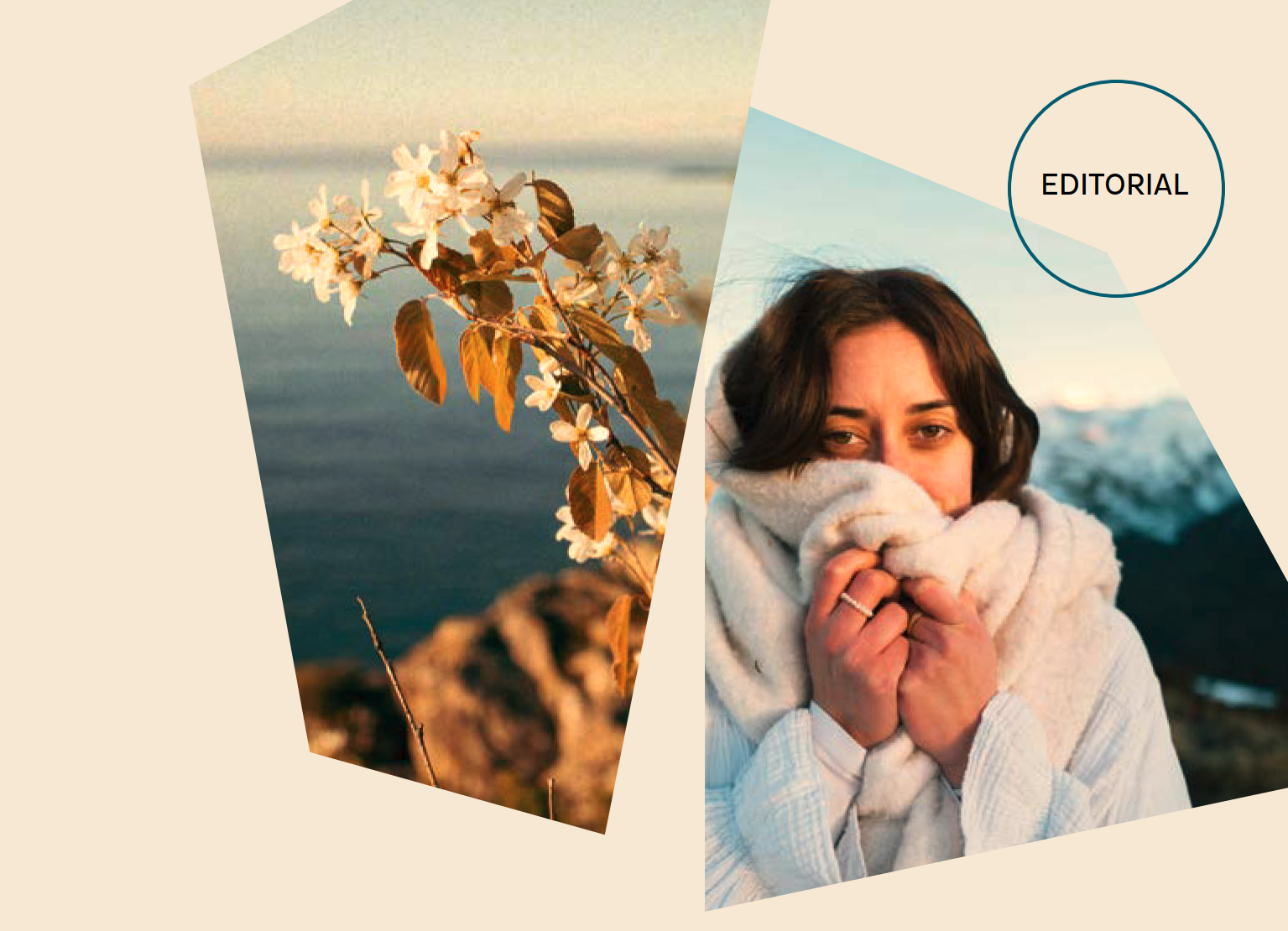 Collage: Ein blühender Zweig vor dem Hintegrund eines felsigen Meeresufers. Eine Frau mit weißem Pulli vor winterlichem Bergpanorama, sie kuschelt die Hälfte ihres Gesichtes in einen weißen Wollschal.