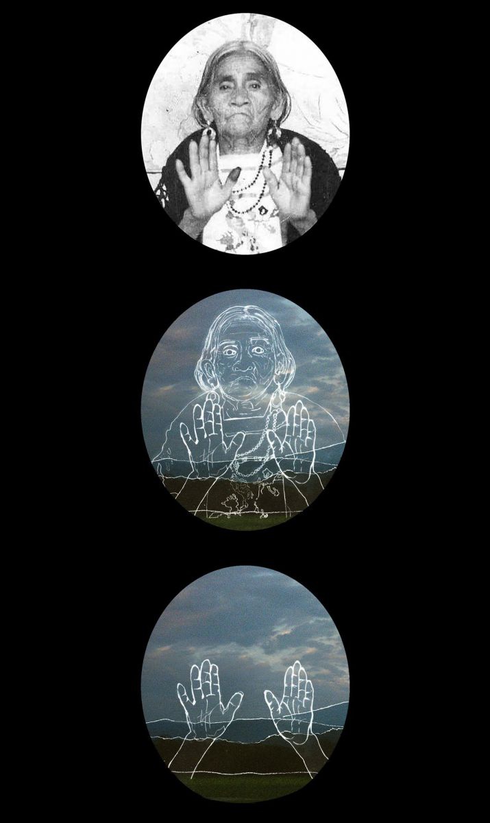 Vor schwarzem Hintergrund sind drei runde Bilder vertikal angeordnet. Das erste zeigt eine indigen aussehende ältere Frau, das zweite eine Linienzeichnung von ihr vor einem bewölkten Himmel, das dritte nur mehr eine Linienzeichnung ihrer vor den Körper er