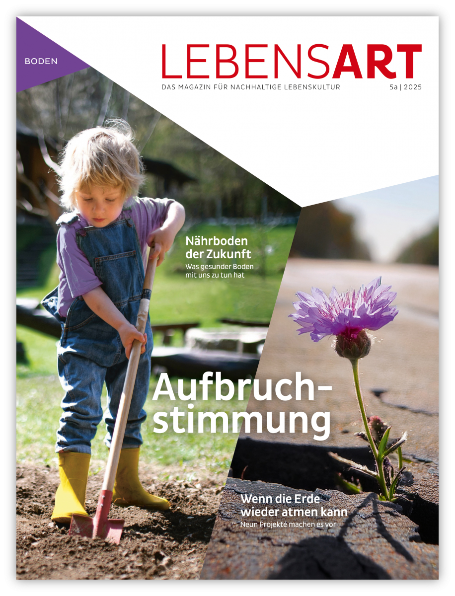 Das Cover der LEBENSART zeigt auf der einen Seite ein Kind, das mit deinem Spaten in der Erde gräbt, auf der anderen Seite eine lila Blume, die aus dem Spalt im Asphalt wächst. Der Titel der Ausgabe ist 