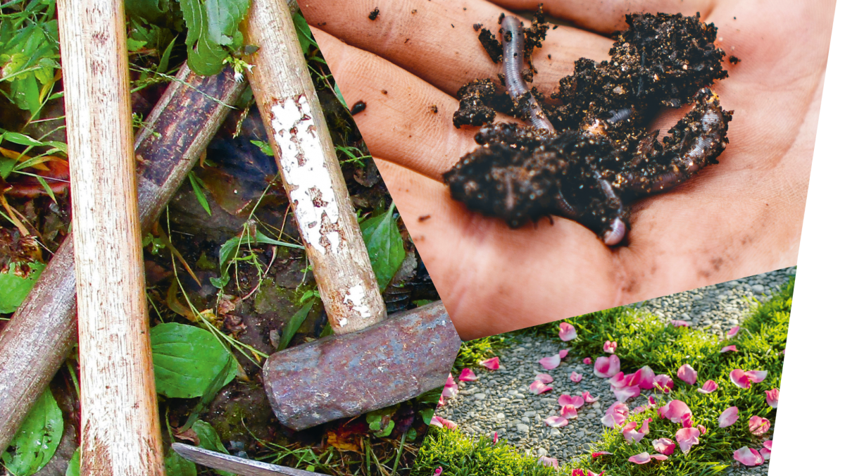 Eine Collage aus drei Bildern: auf einem liegen Spitzharke und Hammer im Gras, auf einem sieht man etwas Erde und einen Regenwurm in einer offenen Hand und auf dem dritten begrünte Pflasterritzen.