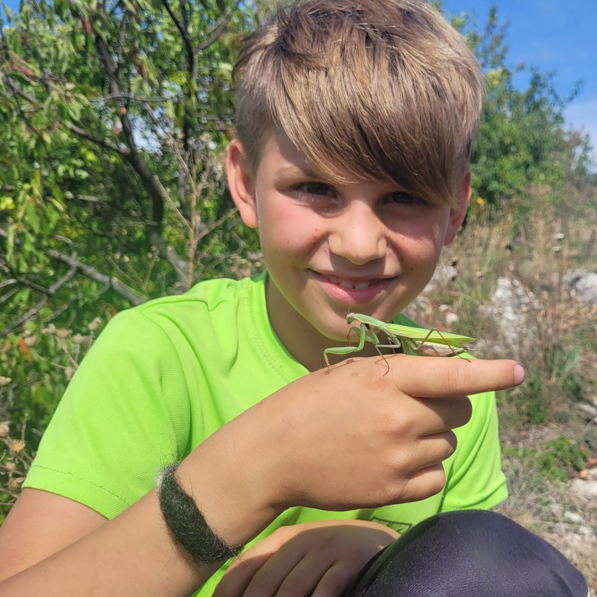 Ein blonder Junge im Volksschulalter hockerlt in trockenem, felsigen Gelände vor einem Busch und hat einen Heuschreck auf der Hand sitzen, den er beobachtet. Sein T-Shirt ist genauso leuchtend grün wie das Insekt.