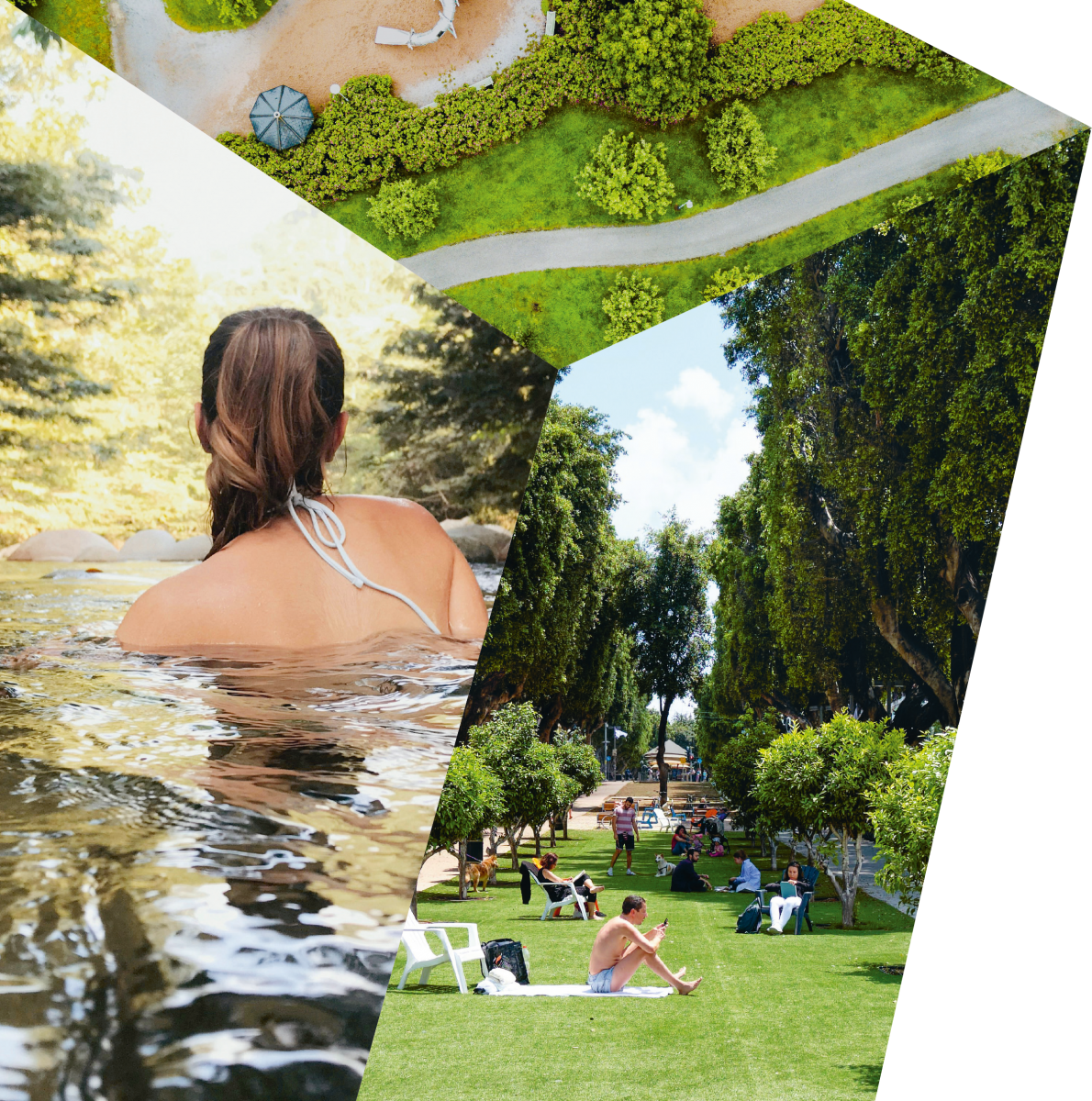 Collage aus drei Bildern: Blick aus der Vogelperspektive auf einen Park mit abwechselnd Grün aus Wiese, Büschen, Bäumen und schmalen Gehwegen sowie Spielplatzflächen. Darunter eine Frau beim Baden in einem natürlichen Fluss. Rechts daneben der Blick in ei