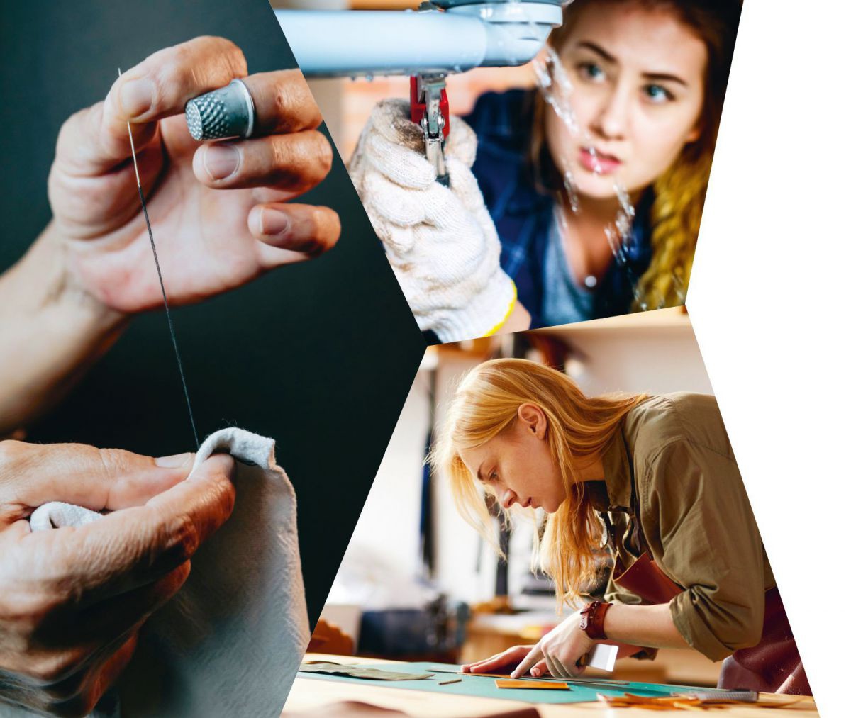 Eine Collage aus drei Bildern: Eine Nahaufnahme, von Händen, die mit Fingerhut nähen, einer Frau, die einen Siphon öffnet und einer Frau, die auf einer Schneidematte etwas zuschneidet.