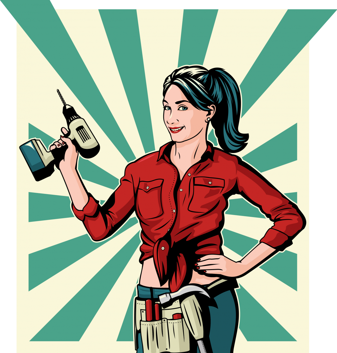 Illustration einer Frau mit Werkzeuggürtel um die Hüften, die einen Akkuschrauber in der Hand hält und siegessicher lächelt.