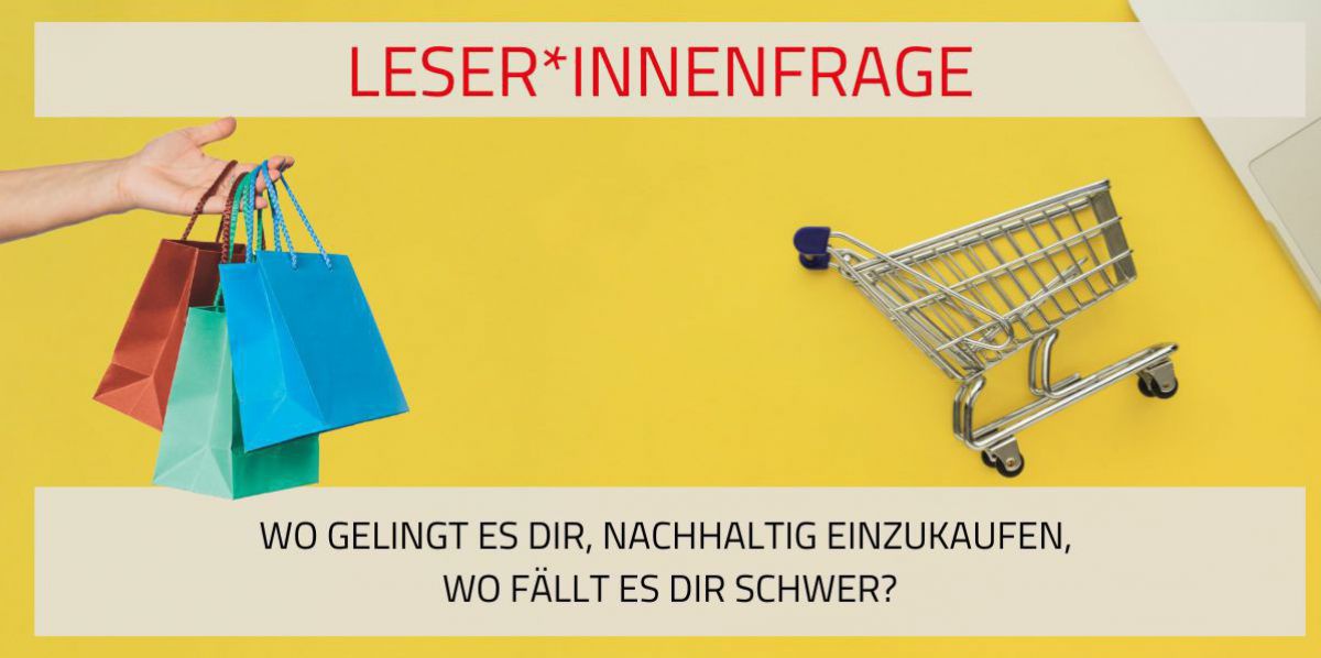 Ein senfgelber Hintergrund auf dem ein kleiner Einkaufswagen liegt und von der Seite bunte Papiertaschen ins Bild gehalten werden. Darüber die Aufschrift 