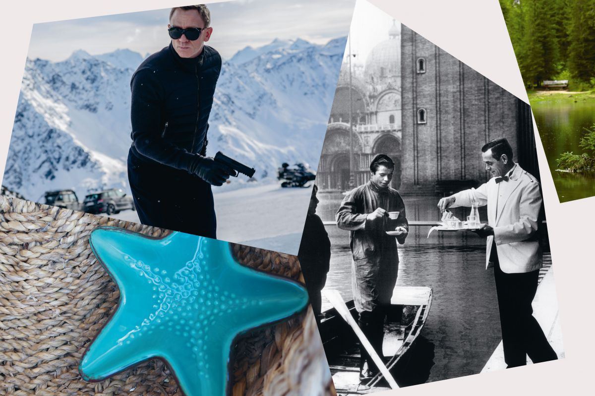 Collage: Daniel Craig als James Bond in verschneiter Bergkulisse mit schwarzer Sonnenbrille und Pistole; künstlicher türkisblauer Seestern in einem Korb; Schwarz-Weiß-Foto: Kellner serviert Mann in Boot Kaffee vom Pier aus; Grün-in-Grün: Hütte am See unte