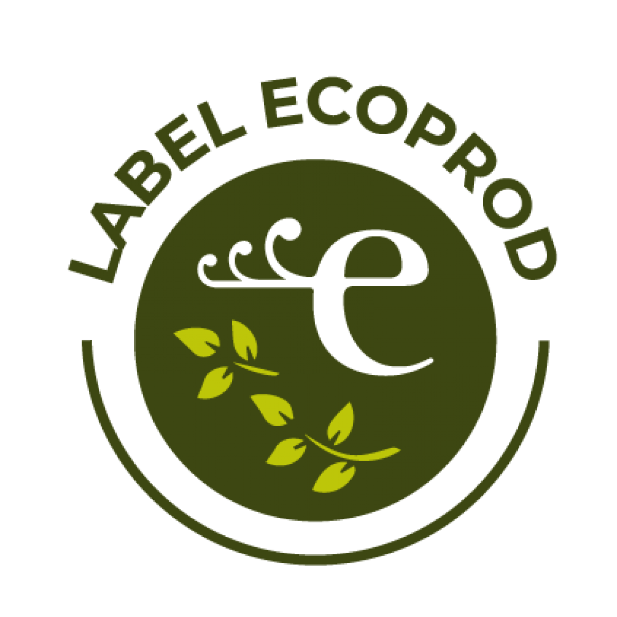 Das Label von ECOPROD: in einem olivgrünen Kreis sind zwei stilisierte hellgrüne Zweige mit Blättern, darüber ein kleines, geziertes 
