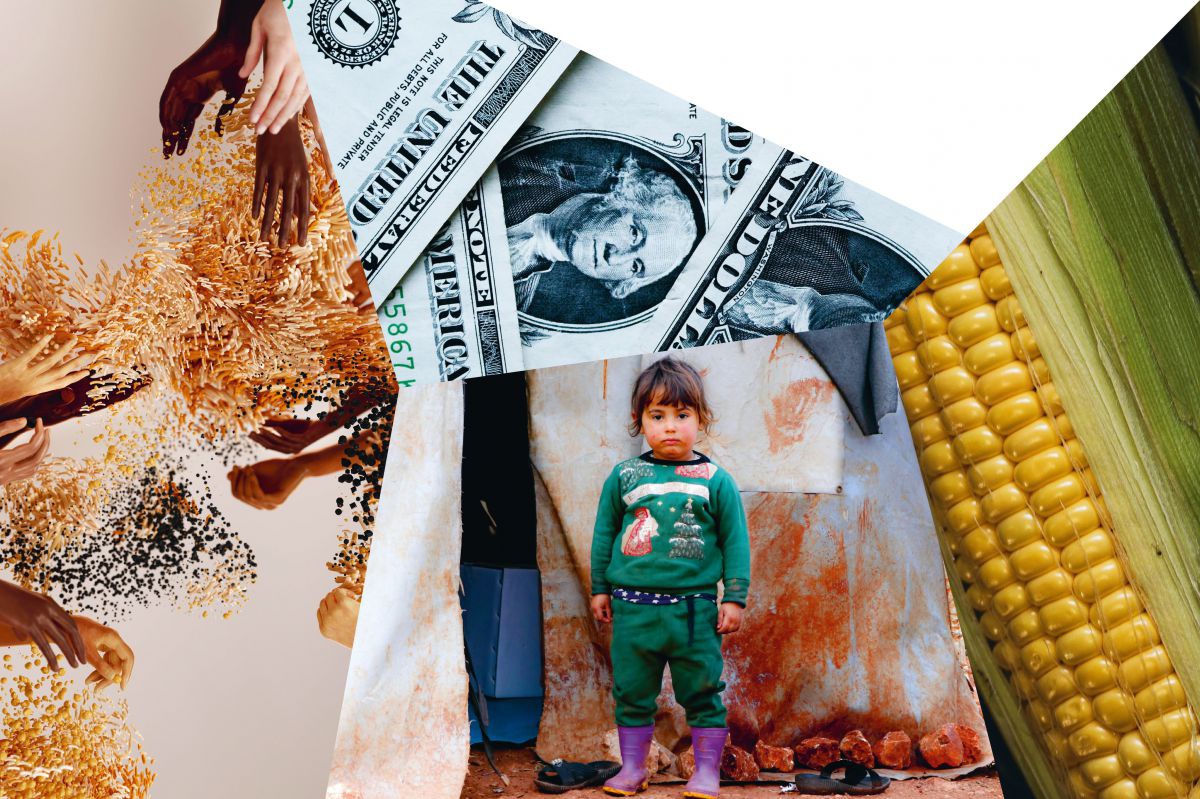 Collage aus 4 Bildern: Ein reifer Maiskolben; US-Dollarscheine; Ein Kleinkind in Gummistiefeln vor einer Blechhütte; viele Hände verschiedener Hautfarbe greifen nach Getreidekörnern, die zwischen ihnen durch die Luft wirbeln (Bild wirkt künstlich erstellt
