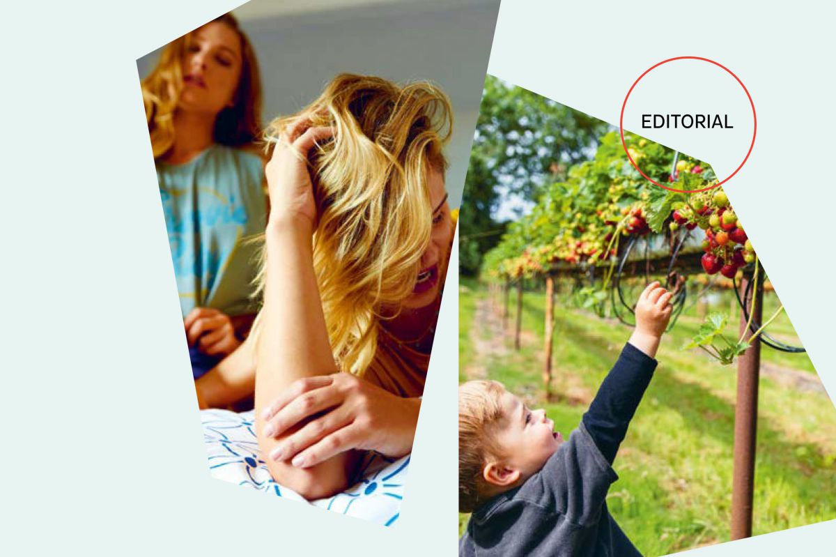 Zwei Bilder: links eine Frau, die sich vor Verzweiflung das blonde lange Haar rauft, rechts ein Kleinkind, das den Arm in die Höhe streckt um eine Frucht vom Strauch zu pflücken.