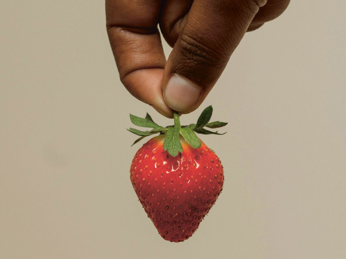 Eine Erdbeere hängt von oben ins Bild, sozusagen am 