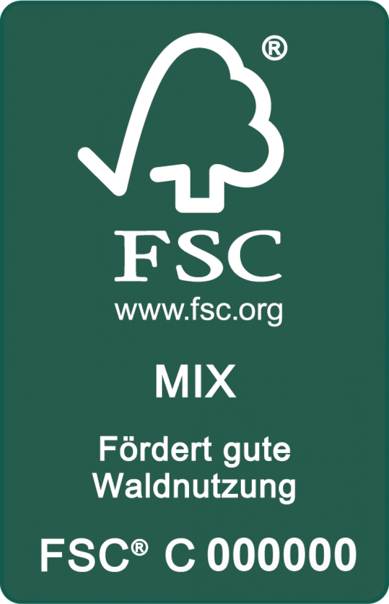 Eine grüne Plakette auf der das FSC Siegel gezeigt wird. Darunter steht FSC Mix 