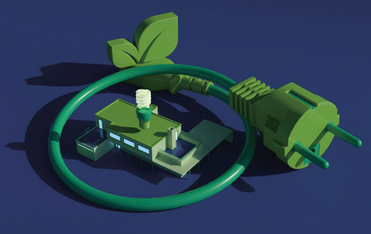 Auf marineblauem Hintergrund sieht man ein digitales Arrangement: ein grünes Kabel mit Schukostecker, an dessen anderem Ende ein Blatt hängt. Das Kabel liegt wie eine Schlange zusammengerollt, im Inneren des so entstandenen Kreises steht ein Gebäude.