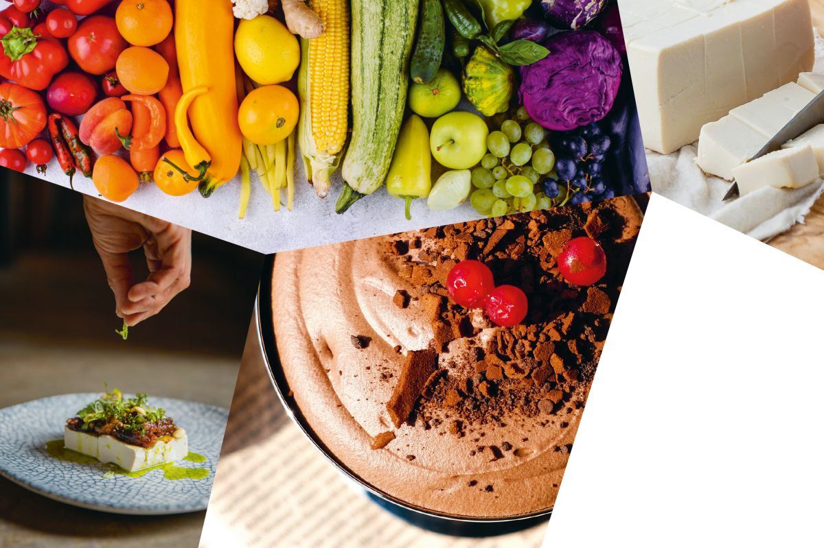 Collage aus 4 Bildern: oben verschiedenstes Obst und Gemüse nach den Regenbogenfarben geordnet aufgelegt, rechts ein aufgeschnittener Block Tofu, unten links ein schön garniertes Gericht aus Tofu, unten rechts eine Schale Mousse au Chocolat.