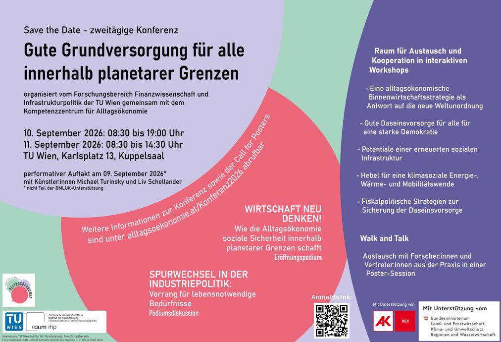 Gute Grundversorgung für alle innerhalb planetarer Grenzen
Konferenz am 10. & 11. September 2026
Kuppelsaal der TU Wien